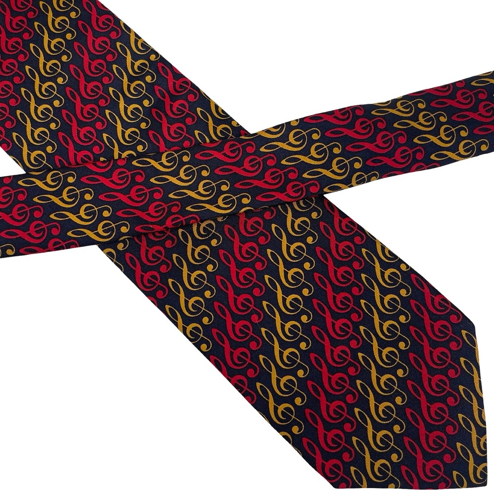 Josh Bach Tie Silk Navy Red Gold Musical Treble Clef Novelty Pattern USA‎ Made